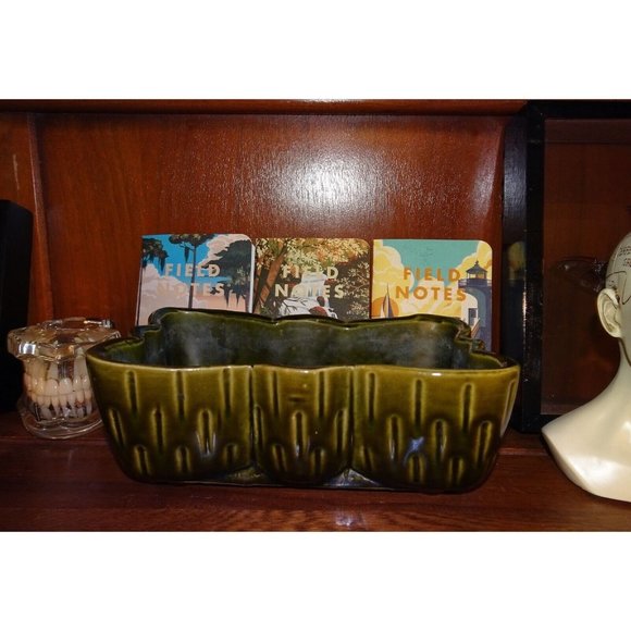 Vintage Upco Green Rectangle Planter w/ Scalloped Edges farmhouse art deco 1970s - Picture 3 of 16